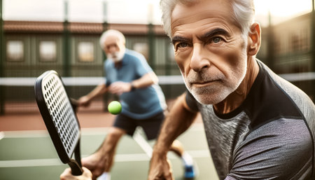 Under the warm glow of the setting sun, a senior couple shares a moment of competition and camaraderie over a friendly game of pickleball, their smiles reflecting the sheer enjoyment of the sport.の素材