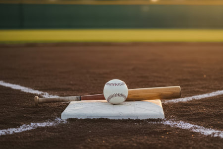 A baseball bat and ball are placed on a base at a dirt field. White chalk lines mark the field in the background at sunset.の素材