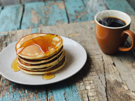 A stack of fluffy pancakes drizzled with golden syrup sits on a rustic wooden table next to a brown coffee mug. The warm natural light enhances the cozy breakfast mood with soft shadows and textures visible in the wood grain.の素材