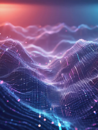 Abstract glowing digital waves in vibrant purple and pink tones forming an undulating futuristic surface. Perfect for tech visuals, sci-fi scenes, or creative digital design backgrounds.の素材