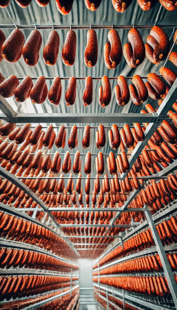 A spacious industrial drying room featuring long rows of neatly hung reddish-brown sausages. The perspective emphasizes the symmetry and precision of the orderly setup, framed by clean metal racks in a well-lit environment.の素材