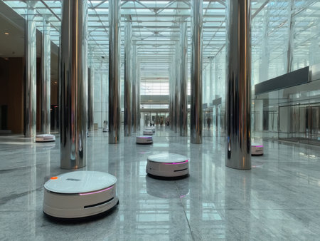 Multiple autonomous floor cleaning robots operate inside a bright modern lobby with polished marble flooring and tall mirrored columns. The environment is futuristic and clean, emphasizing automation and smart facility management.の素材