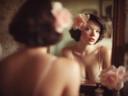 A young woman with a flower in her hair looking into a mirror, styled in a soft vintage aesthetic. Perfect for beauty, elegance, and retro fashion themes.の素材