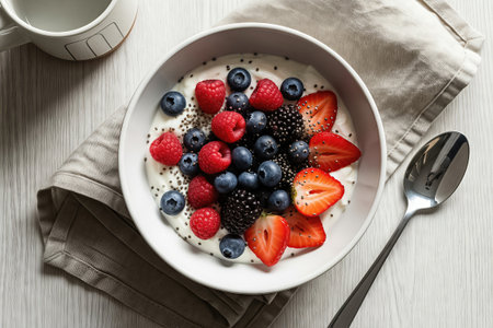 A white bowl filled with yogurt topped with strawberries, blueberries, raspberries, and blackberries sits on a light wooden surface. A spoon is placed nearby on a beige napkin, and the scene is softly lit with natural light. The mood is fresh, clean, and minimal.の素材