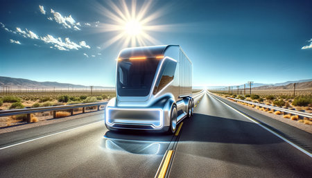 With a sleek design cutting through the breeze, this state-of-the-art electric truck heads confidently down the highway, signaling a new era in transportation.の素材