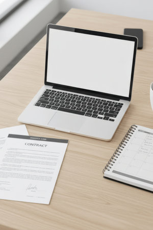 A modern office desk displays a laptop, printed contracts, a notebook, and a coffee cup. The clean arrangement emphasizes professional work, documentation, and organization in a bright workspace.の素材