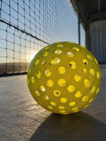 A yellow pickleball resting on an outdoor court illuminated by warm evening sunlight. Perfect for lifestyle branding, recreation themes, and athletic visual storytelling.の素材