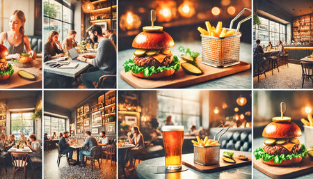 A bright, inviting cafe features a gourmet burger with lettuce, cheese, and pickles on a wooden board. The meal includes a small basket of golden fries and a refreshing glass of beer. In the background, other patrons are seen working on laptops, creating a cozy yet productive atmosphere.の素材