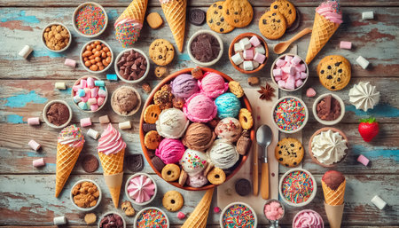 Overhead view of a dessert station showcasing vibrant ice cream scoops, cookies, and an array of toppings like sprinkles, marshmallows, and crushed pistachios. Various cookies and ice cream sandwiches are arranged neatly alongside bowls of candy and crunchy treats.の素材