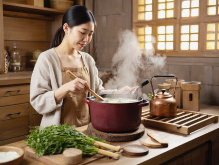 A woman in a beige sweater stirs a pot of steaming soup in a rustic wooden kitchen. The morning sunlight highlights the cozy and homey atmosphere of winter cooking.の素材