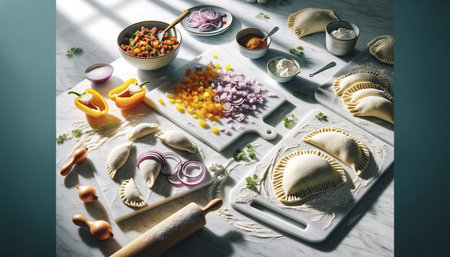 A close-up top-down perspective captures the bustling activity and colorful mess of empanada ingredients and tools spread across a modern kitchen counter, illuminated by bright natural light.の素材