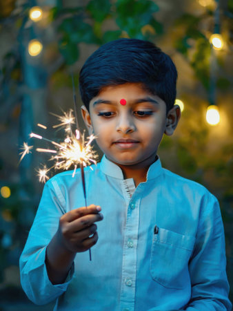 A young boy wearing traditional clothing lights a sparkler outdoors at night. The glowing background and soft bokeh lights create a warm festive feeling of celebration.の素材