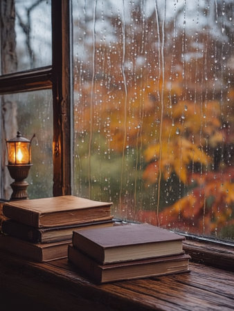 A stack of books and a lit lamp sit on a wooden windowsill with raindrops on the glass and colorful fall foliage outside. The warm interior glow contrasts beautifully with the rainy autumn day beyond the window.の素材