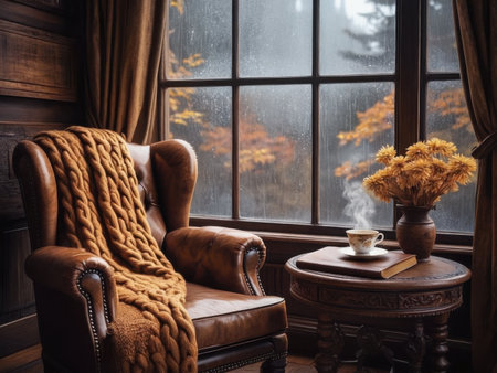 A leather armchair with a knitted throw sits beside a window showing autumn trees under rain. A vase of flowers and a wooden side table complete the warm, cozy setting perfect for reading and relaxation.の素材