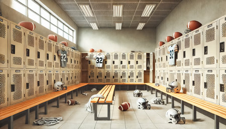 Bright and simple gym locker room for kids American football team after a game, viewed from a distinct perspective. Light-colored metal lockers, wooden benches, light tile flooring, and neutral-toned walls. Scattered football gear, water bottles, and towels create a lively post-game atmosphere with camaraderie lingering.の素材