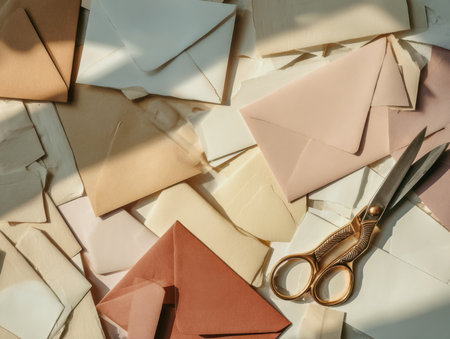 A flat lay arrangement of envelopes in neutral tones is placed on a table with scissors. The composition emphasizes texture, shape, and minimal design. The scene conveys organization and creativity.の素材