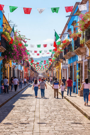A lively street scene shows colorful flags strung above people walking past vibrant buildings and shops. The atmosphere is festive and busy with cultural energy under sunny daylight.の素材