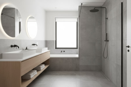 A spacious bathroom features a double sink vanity with a large mirror and wooden cabinetry. The room is decorated with light gray tiles and natural daylight.の素材