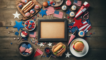 Realistic depiction of a July 4th celebration flat lay, featuring a central empty space surrounded by traditional items like red, white, and blue decorations and festive foods on a rustic wooden table.の素材