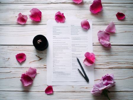 A document lies on a white wooden surface surrounded by scattered rose petals with a small ring box and pen nearby. The soft light highlights themes of romance and preparation. The composition conveys elegance and symbolic detail.の素材