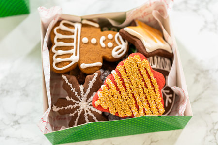 Captured from a close-up perspective, green holiday gift boxes filled with decorated Christmas...