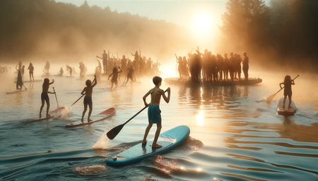 Youthful adventurers gently glide on stand-up paddleboards, their reflections merging with the glassy lake surface. The misty morning air, filled with the scent of pine, envelops the distant forest and quaint lakeside cabins in a peaceful embrace.の素材