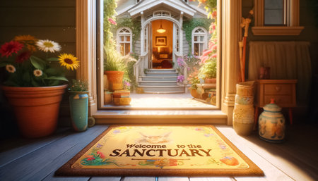 A warmly inviting doormat bearing the phrase Welcome to Our Nest sets a homely scene by a front door, flanked by slippers and moving boxes, hinting at the start of a new chapter in a cozy home.の素材