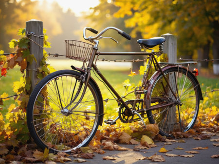 A vintage bicycle with a basket rests by a wooden fence in soft golden sunlight. The surrounding autumn foliage glows with warm colors, creating a nostalgic seasonal mood.の素材