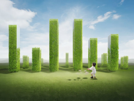 A child dressed in white walks across a futuristic park filled with tall hedge-like structures shaped like buildings. The bright sunlight and clear sky create a hopeful eco-friendly scene.の素材