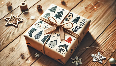 A Christmas present on a wooden table, wrapped in homemade, hand-painted paper with a bow and straps. Beside the gift are handmade gingerbread cookies decorated with royal icing, adding a festive touch.の素材