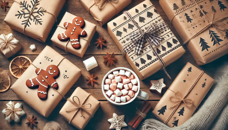 Top-down view with a shallow depth of field. In the foreground, a cup of hot cocoa with a few gingerbread marshmallows sits on a wooden table. The background features several Christmas presents of different sizes wrapped in homemade, hand-painted paper with bows and straps, showcasing minimalist and festive designs.の素材