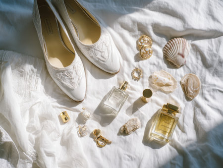 A flat lay photograph shows a pair of elegant white shoes arranged with glass perfume bottles, seashells, and crystals on a white fabric background. The soft daylight highlights textures and adds a sense of delicate styling. The composition blends fashion and natural elements.の素材