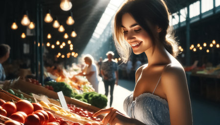 In the bustling ambiance of the local farmers market, a young woman delicately examines fresh produce under the warm glow of the morning light.の素材