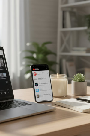 A modern home workspace with a laptop and smartphone showing YouTube, placed on a wooden desk with candles and plants. The daylight and warm tones create a calm and inviting setting. The image portrays comfort, focus, and digital creativity.の素材