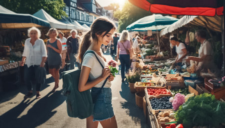 In the bustling ambiance of the local farmers market, a young woman delicately examines fresh produce under the warm glow of the morning light.の素材