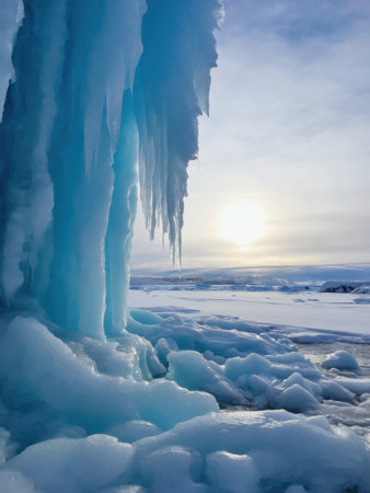 Icy formations hang from a cliff near a frozen shoreline during sunset. The warm light contrasts beautifully with the cold blue tones of the ice and snow-covered rocks.の素材