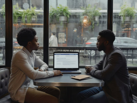 Two coworkers sit across from each other at a cafe table, discussing work while using laptops. The large window behind them reveals an urban street view. The lighting is soft and natural, suggesting a relaxed professional atmosphere.の素材