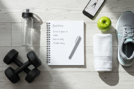 A flat lay of workout gear including dumbbells, a towel, sneakers, water bottle, apple, and a notebook with goals written. The arrangement is set on a light wooden surface. The bright lighting conveys energy and motivation.の素材