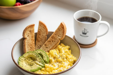 A breakfast bowl with scrambled eggs, avocado slices, and toasted bread is served with a cup of black coffee on the side. The meal is arranged neatly on a white kitchen counter in natural daylight.の素材