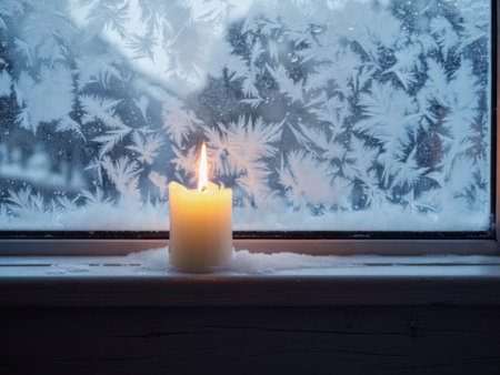 A small candle burns gently on a windowsill with frost-covered glass. The scene glows softly with golden light against a backdrop of icy blue tones, creating a quiet winter mood.の素材