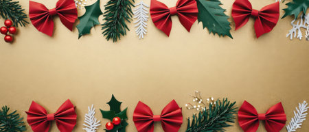 A top-down Christmas flat lay showing red bows, holly leaves, and pine branches on a golden surface. Perfect for social media, invitations, and holiday advertising.の素材