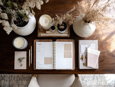 A notebook is arranged with candles, dried flowers, and decorative vases on a wooden table. The neutral colors and soft light create a calm and elegant composition. The scene conveys creativity and relaxation.の素材