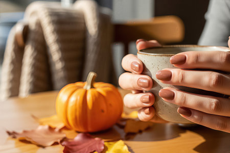 A close-up of hands holding a coffee cup on a wooden table with a small pumpkin and colorful autumn leaves. The scene is softly lit, creating a warm and cozy seasonal mood. A knitted sweater is visible in the background, emphasizing the autumn atmosphere.の素材