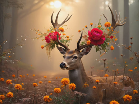 A deer stands in a misty forest surrounded by orange flowers with large red blossoms on its antlers. Soft sunlight creates a warm and magical atmosphere.の素材