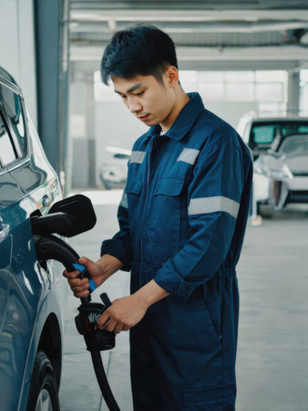 A young electrician in blue uniform plugs a charging connector into an electric vehicle inside a workshop. The image captures precision, clean technology, and sustainable energy practices in a controlled indoor environment.の素材