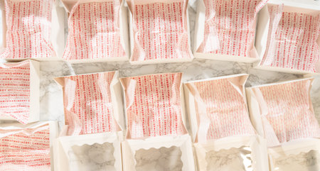 Hands carefully arranging gingerbread cookies in festive Christmas-themed boxes, each lined with decorative parchment paper. The cookies are individually wrapped, making them perfect for holiday gifting, cookie exchanges, or festive party favors.の写真素材