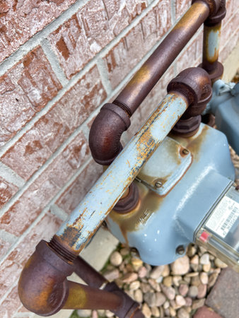 Parker, Colorado, USA-May 11, 2025 - A weathered gas meter system is mounted against a brick wall, showing corroded metal joints and pipes. The editorial image captures aging infrastructure in Broomfield, CO.のeditorial素材