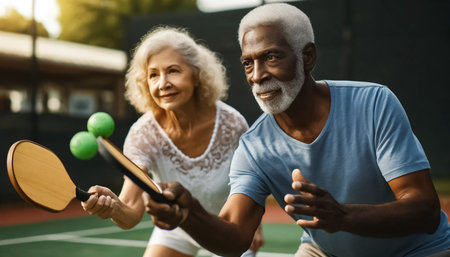 The golden evening sun highlights the laughter and competitive spirit of a radiant senior couple as they enjoy a dynamic game of pickleball, showcasing their zest for life and commitment to health.の素材