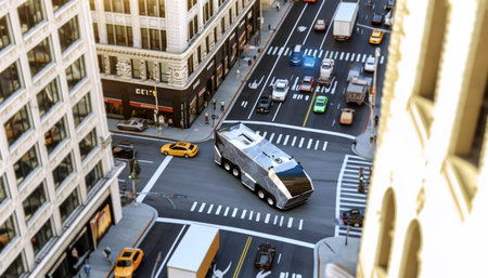 An avant-garde electric delivery truck navigates through the urban jungle, showcasing its dominance on the crosswalk of a bustling downtown street, merging efficiency with futurism.の素材