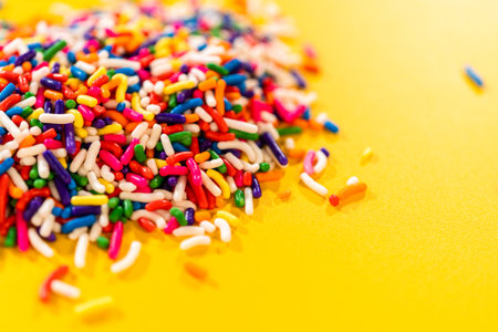 Macro shot of rainbow sprinkles spilling over a bright yellow cutting board. Ideal for festive backgrounds, recipe thumbnails, and playful baking visuals.の写真素材
